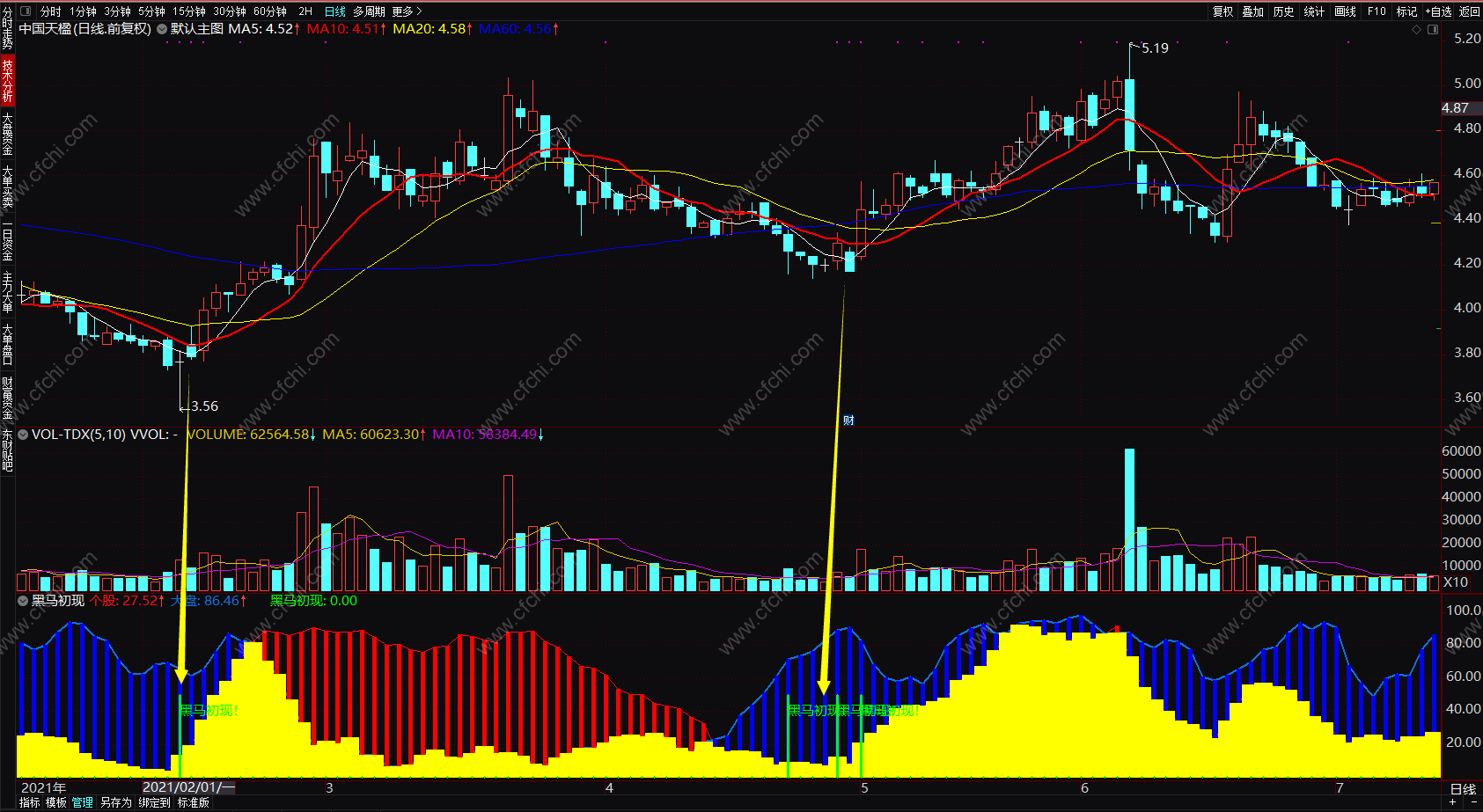 黑马初现选股指标 最牛趋势顶底指标公式通达信免费指标 副图 源码