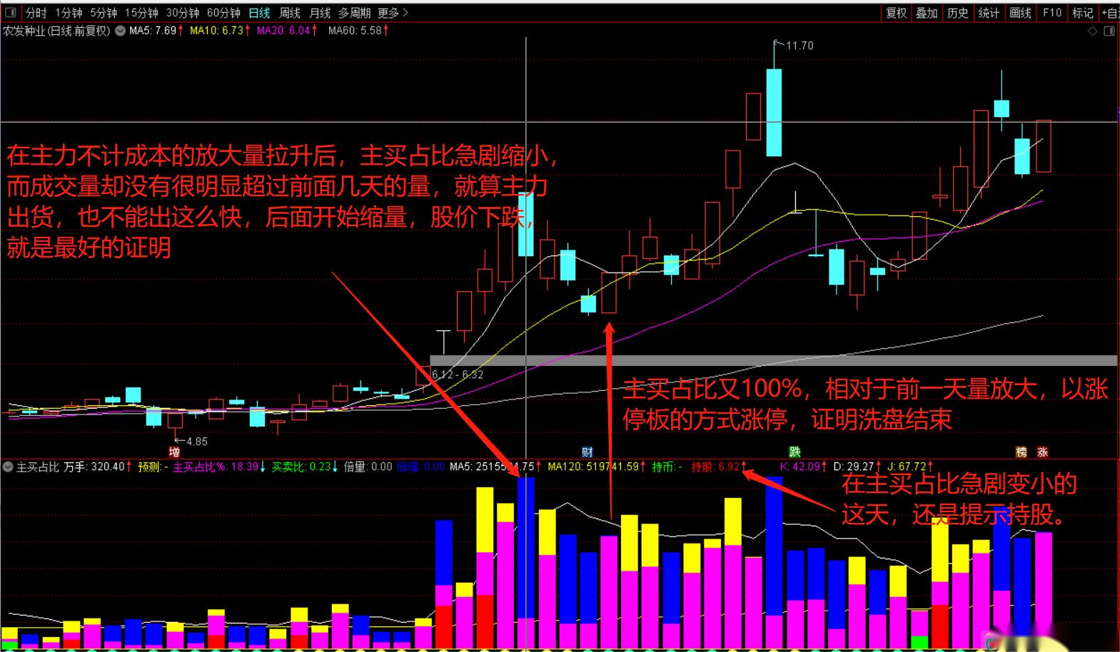 【主买占比】或称五色量柱，主买占比指标增加持股持币提示指标副图